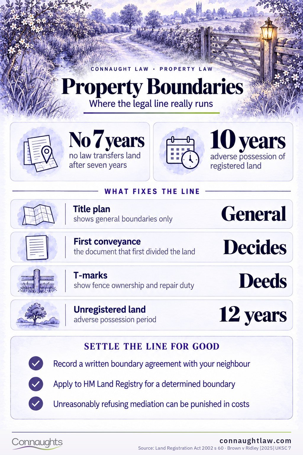 Property Boundaries Boundary disputes infographic — title plans show general boundaries only, no 7-year rule, T-marks, evidence that wins and Clapham v Narga