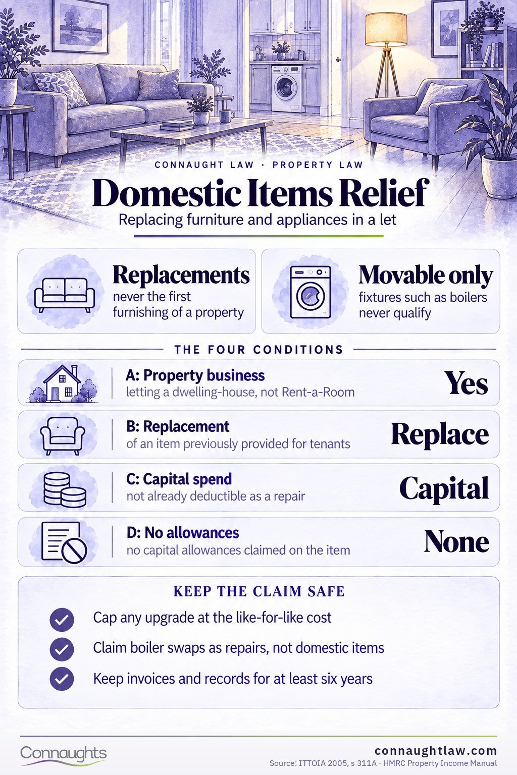 Replacing items relief infographic — replacements only, like-for-like, disposal of the old item, proceeds deducted, fixtures excluded and former holiday lets now eligible