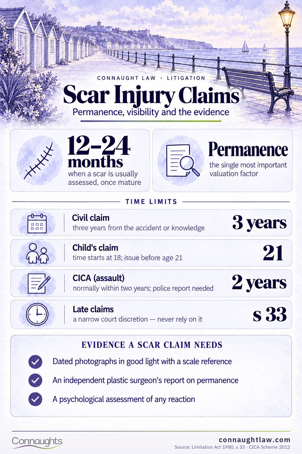 Scar compensation UK infographic — Judicial College facial scarring brackets from trivial to very severe, with the body scarring brackets (18th edition)