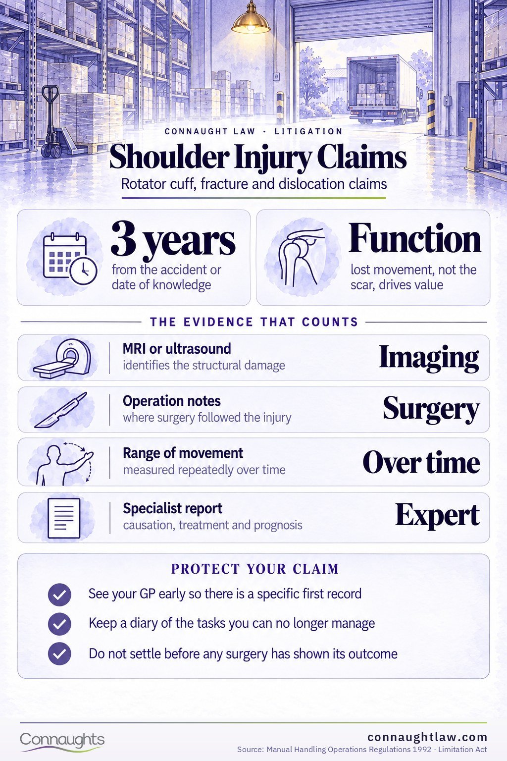 Shoulder Injury Claims Shoulder injury compensation UK infographic — Judicial College brackets from minor soft tissue to severe shoulder injuries with brachial plexus damage (Judicial College Guidelines, 18th edition)