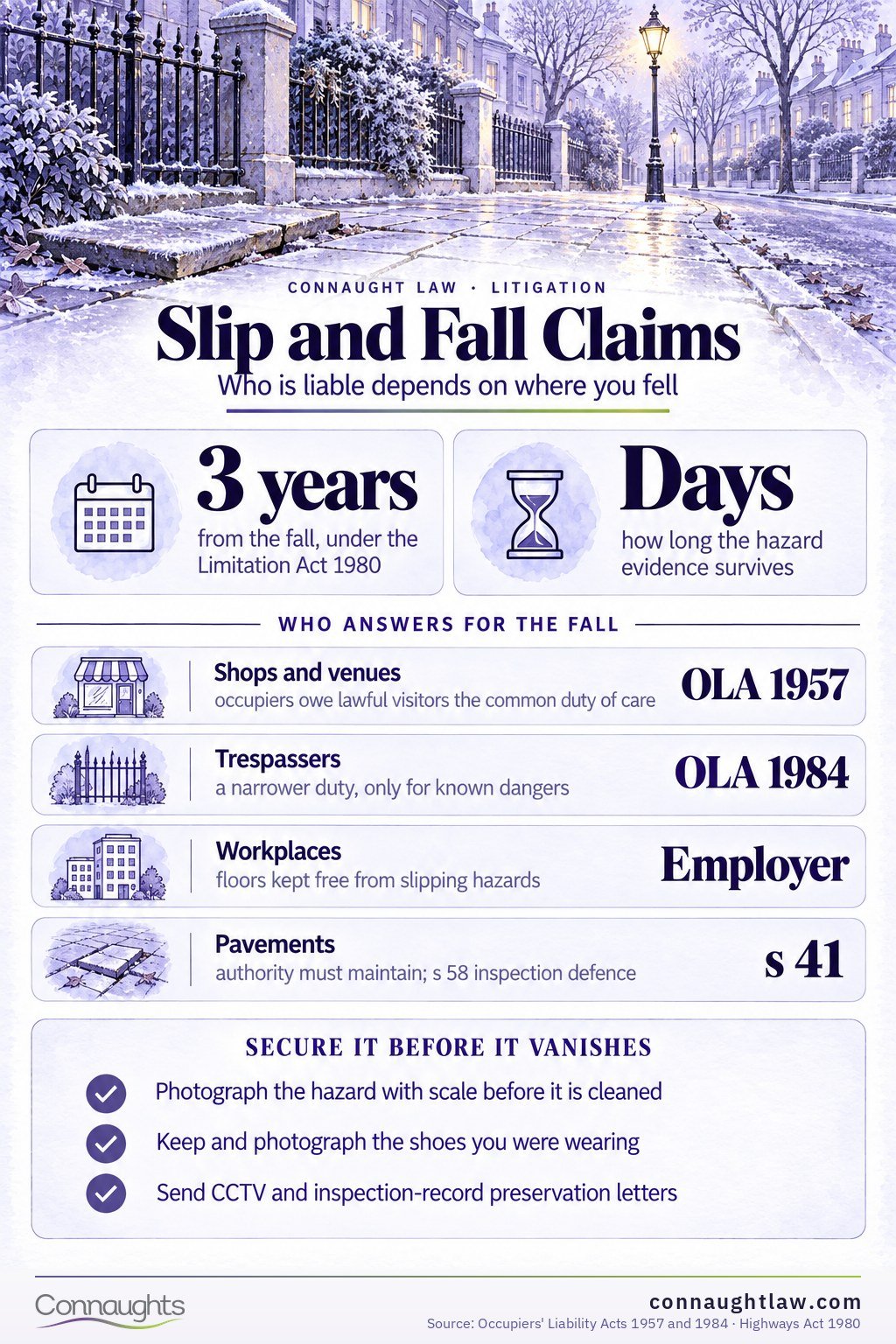 Slip trip and fall claims infographic — occupiers liability duties under the 1957 and 1984 Acts and the evidence that wins premises claims