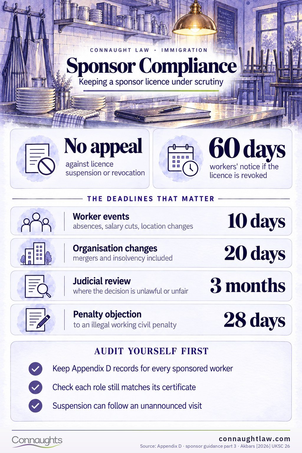 UK sponsor licence compliance crackdown infographic — Home Office illegal working enforcement visits, arrests