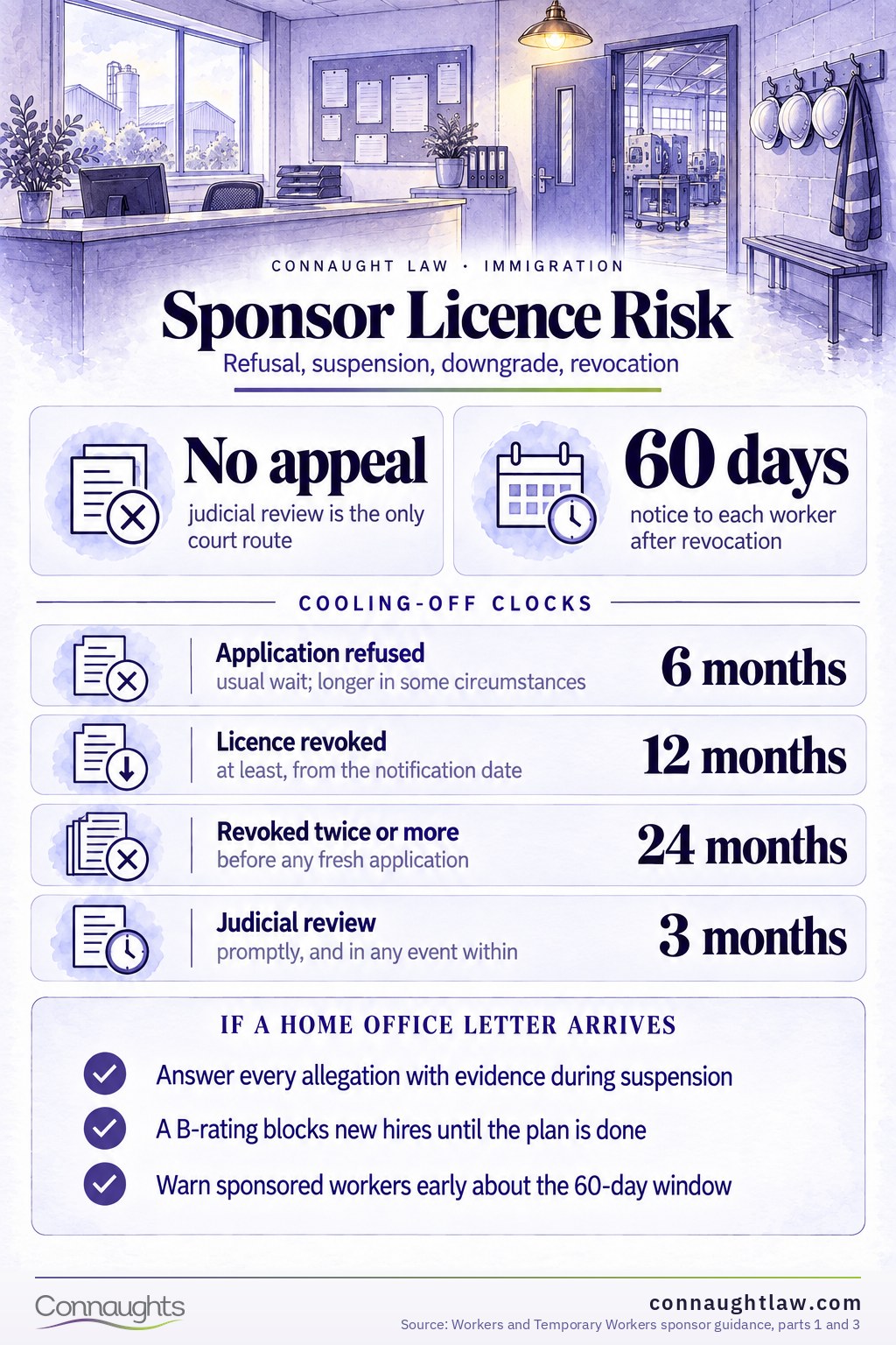 Sponsor licence refusal and revocation infographic — refusal, B-rating downgrade, suspension and revocation compared