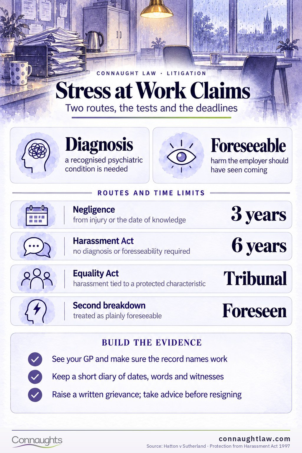 Stress at work compensation UK infographic — employment tribunal Vento bands versus civil court psychiatric injury claims (Judicial College Guidelines, 18th edition)