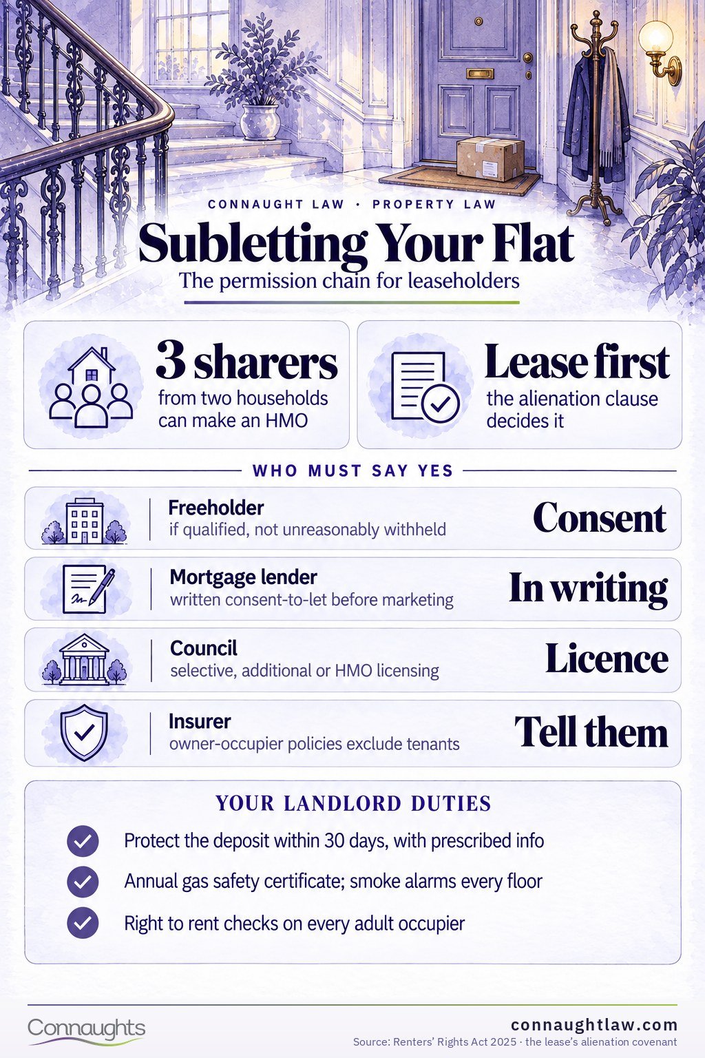 Subletting leasehold infographic — freeholder consent, lender consent, council licensing, landlord safety duties, the HMO three-sharer trap and the penalties