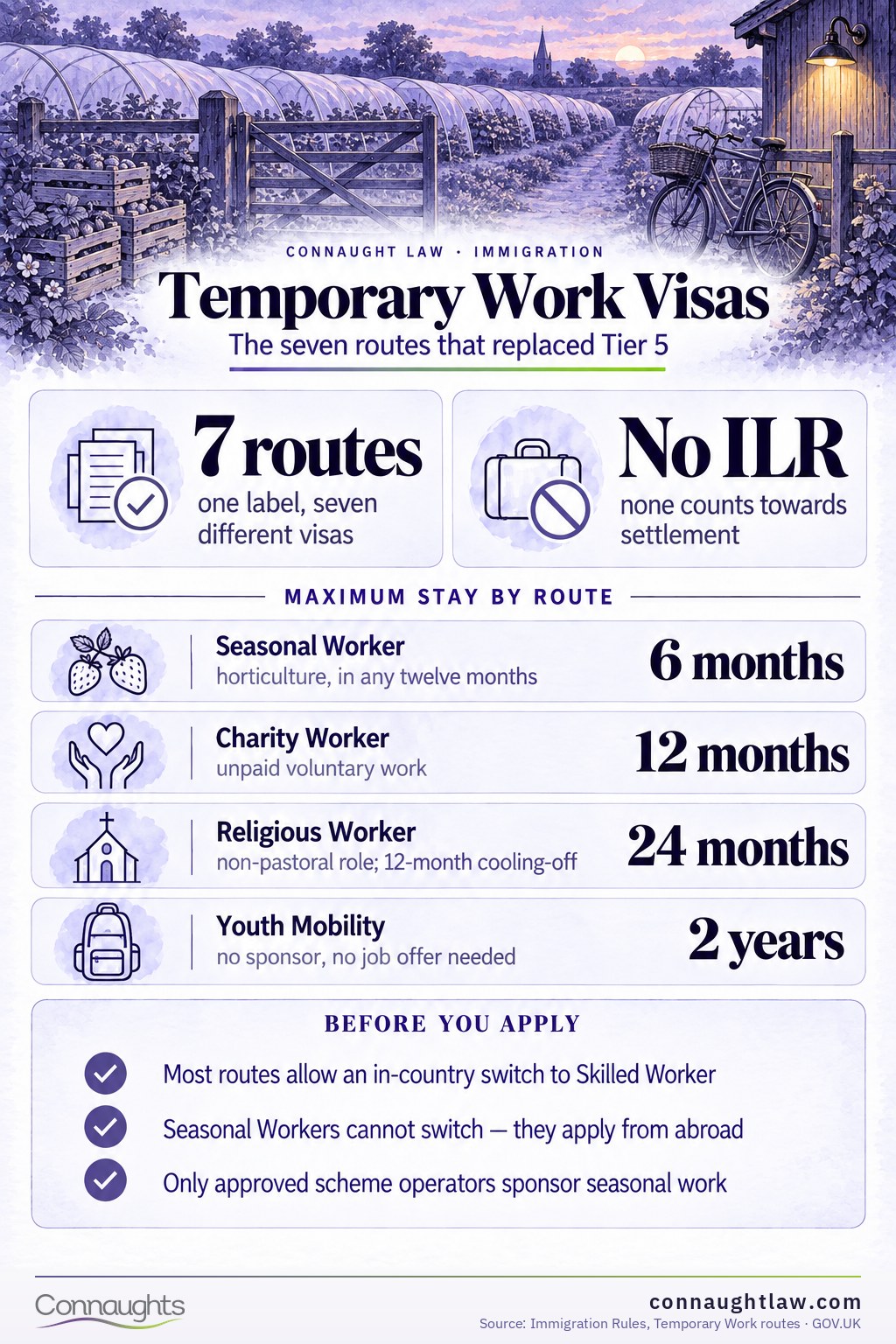 Seven Routes, One Label infographic — the seven Temporary Work routes that replaced Tier 5, and why none of them leads to settlement on its own