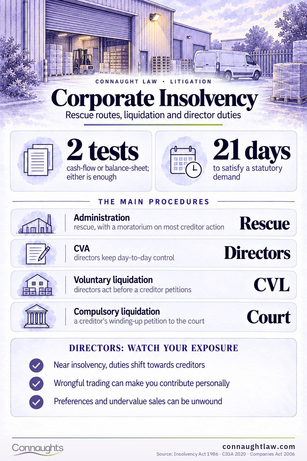Corporate insolvency UK infographic — administration, liquidation, CVAs and rescue routes