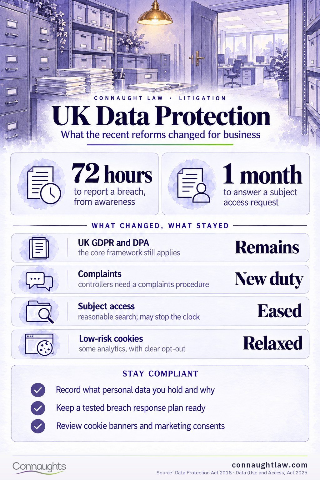 UK data protection infographic — the compliance baseline after the 2025 reforms, from SARs to 72-hour breach notification