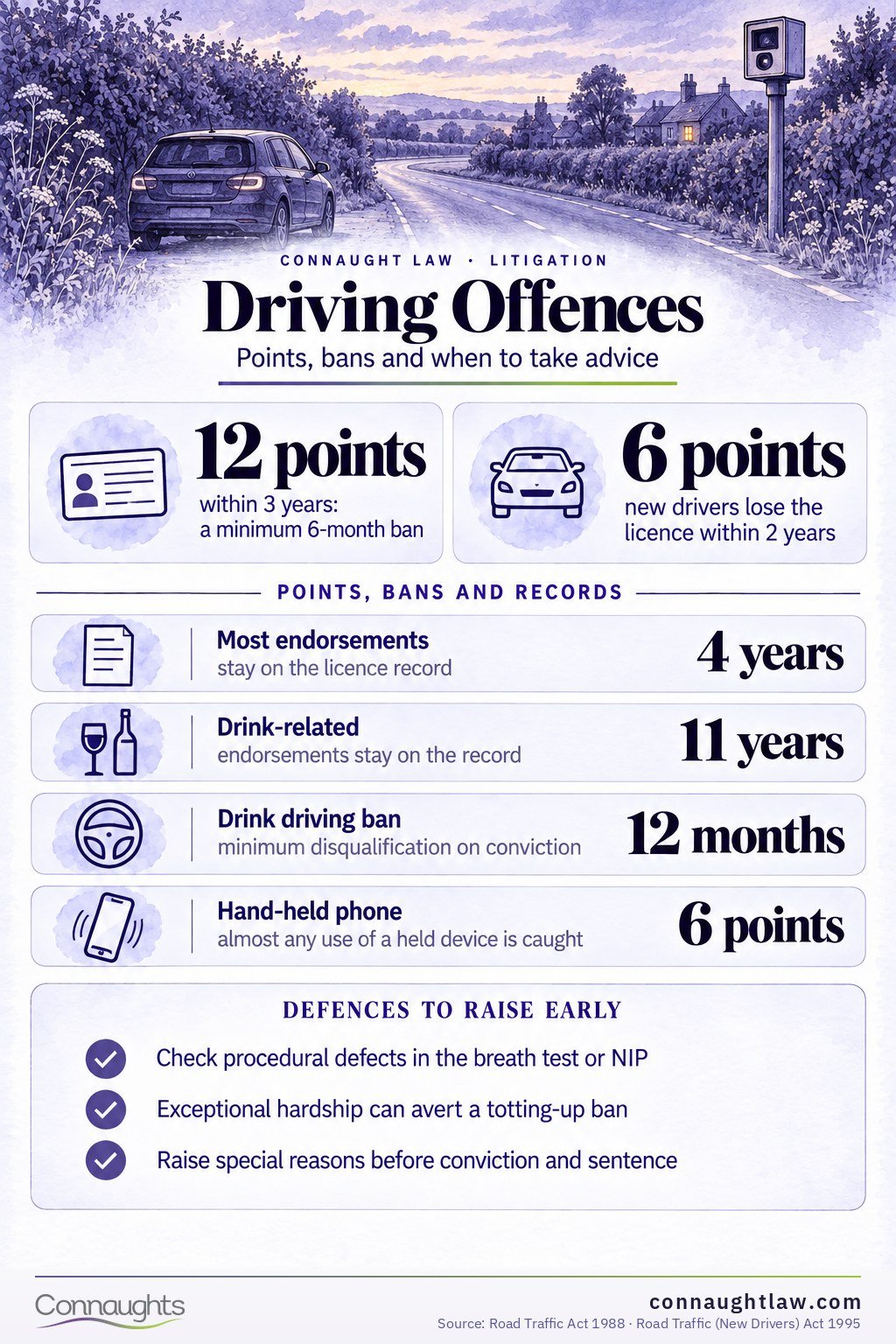 UK driving offences penalties infographic — five penalties drivers misjudge, from speeding points to totting-up bans