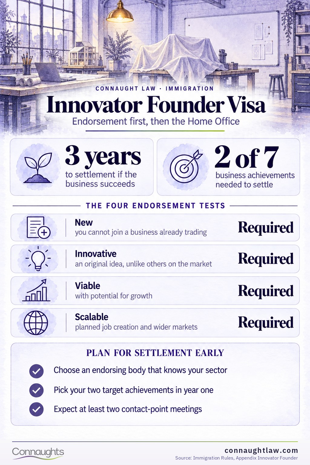 Innovator Founder visa infographic — fees, settlement timing and the endorsement test