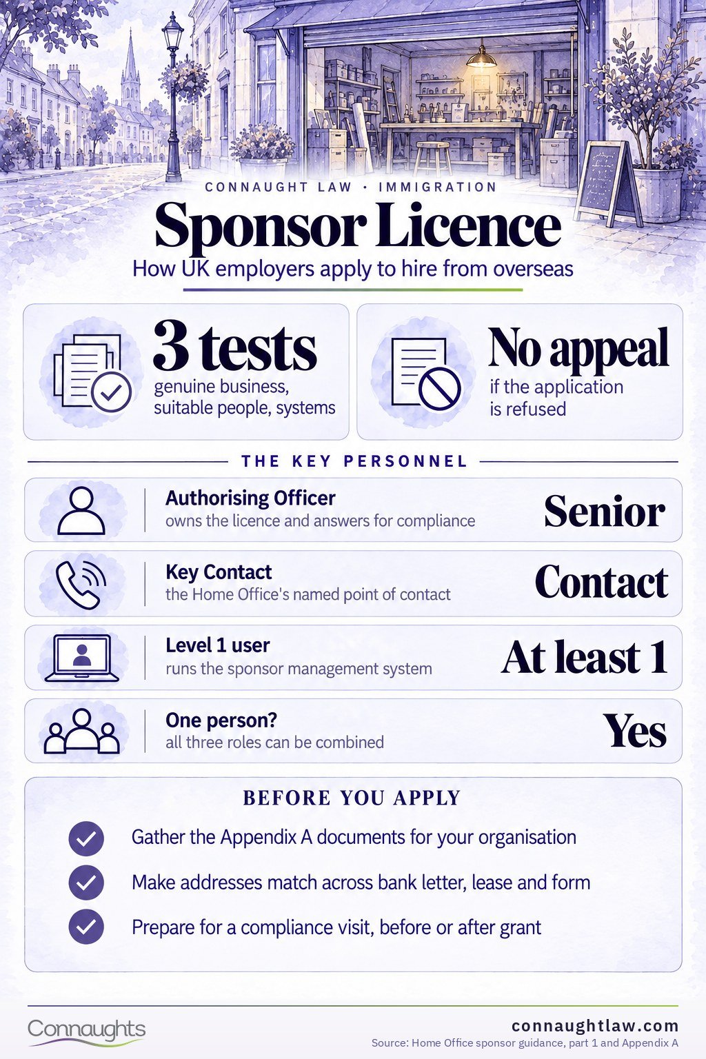 UK sponsor licence application timeline infographic — three stages from eligibility and evidence to submission and decision