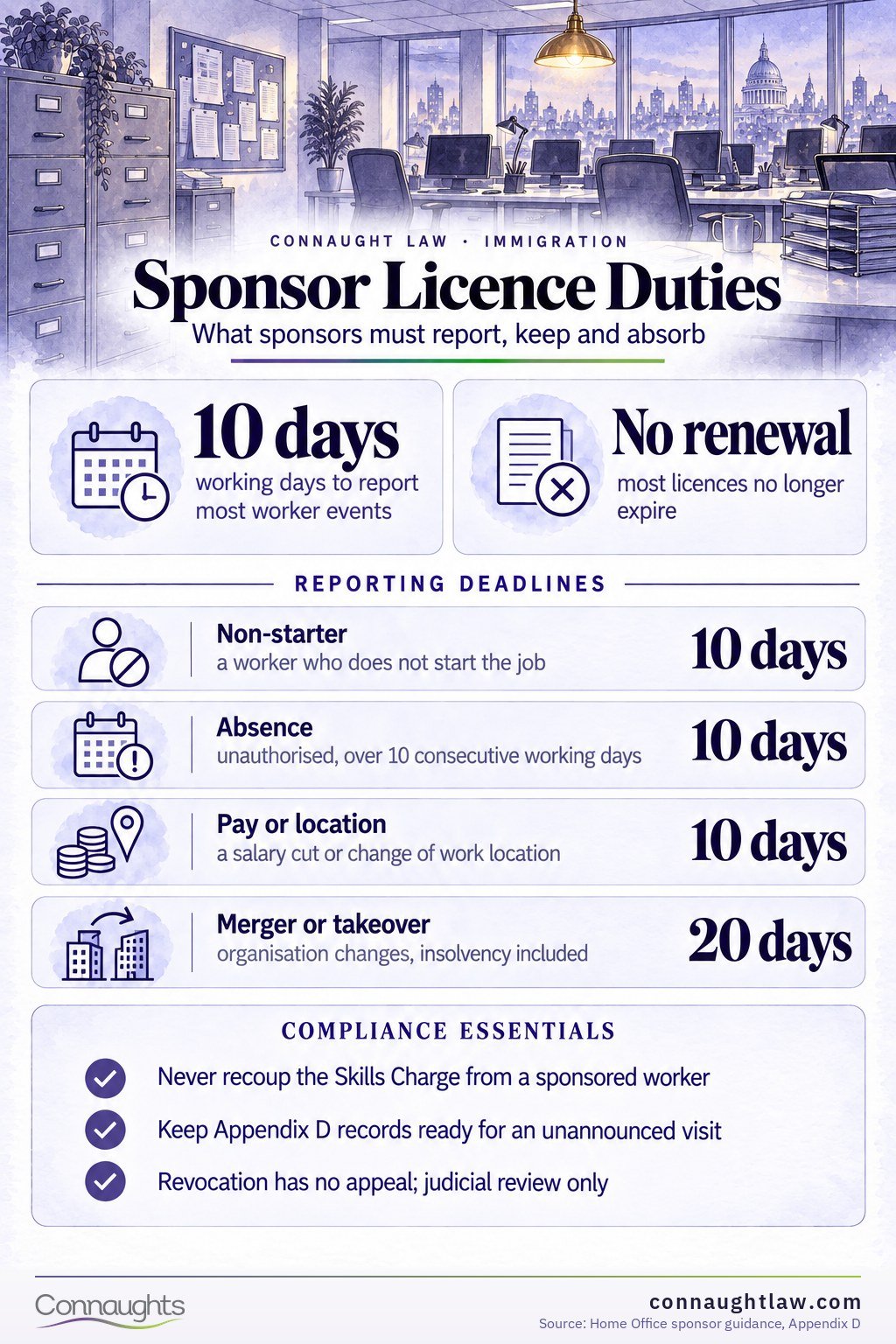 Sponsor Licence Duties UK sponsor licence fees infographic — licence fee by sponsor size, certificate of sponsorship