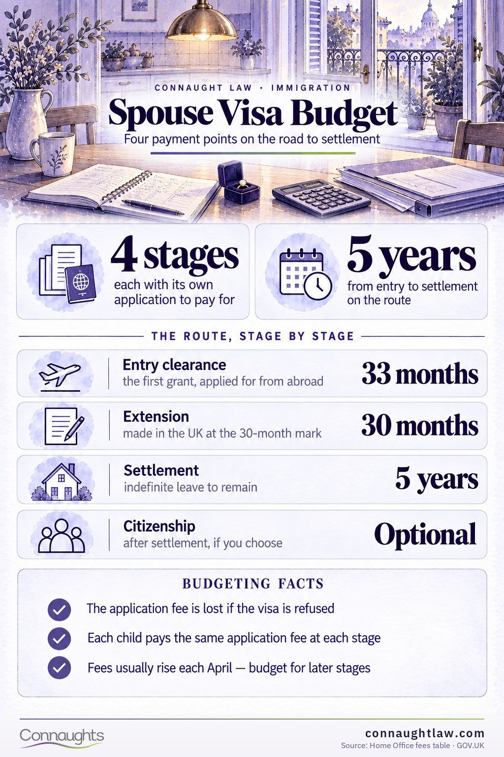 Spouse Visa Budget UK spouse visa cost infographic — entry clearance, extension and settlement stage totals with the immigration health