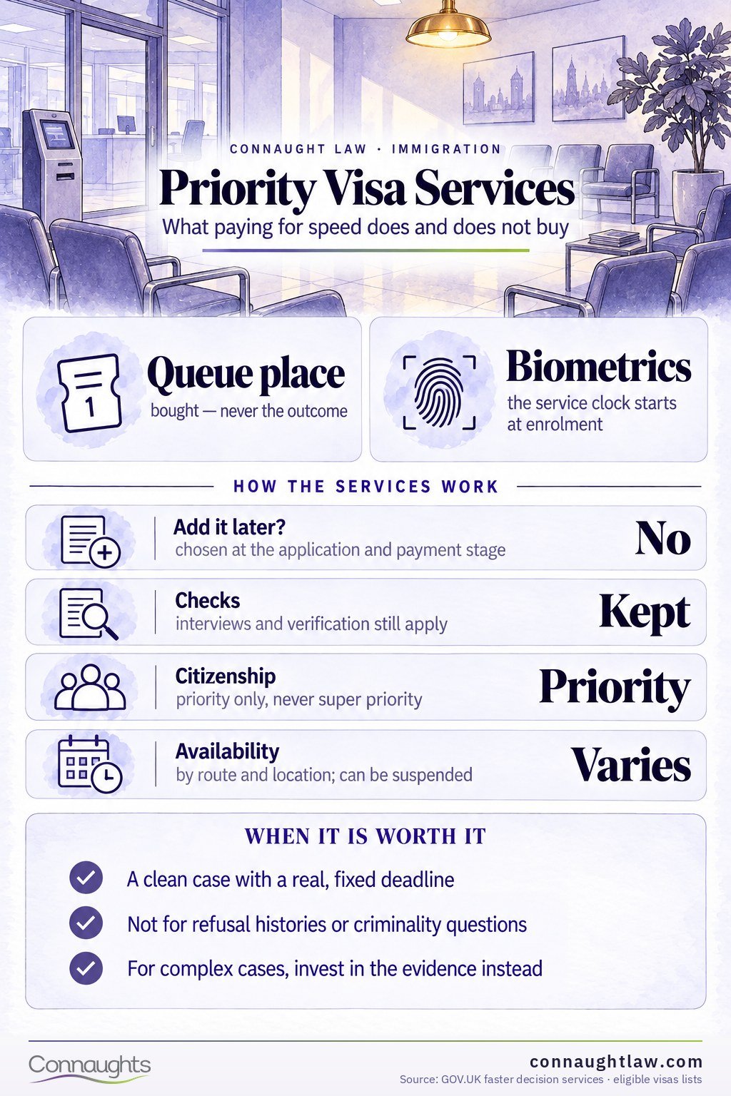 UK Priority Visa Fee and Super Priority Service in 2026 infographic — the paid tiers, and their limits