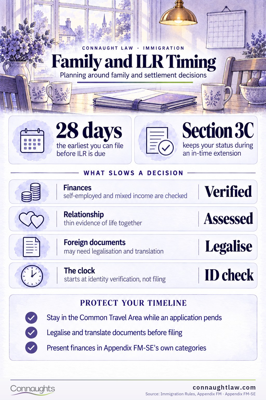 ILR Processing Time and Family Visa Waits in 2026 infographic — the settlement wait, and what refusal adds