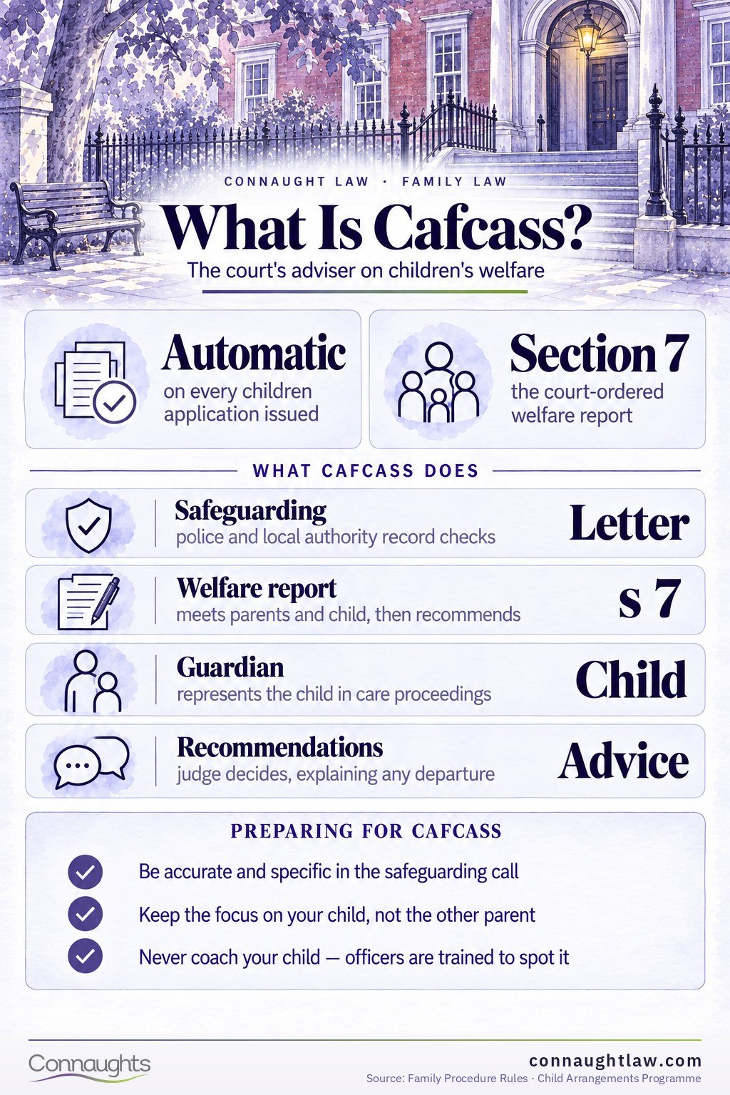 Cafcass role UK infographic — safeguarding checks, section 7 reports and how Cafcass advises the family court