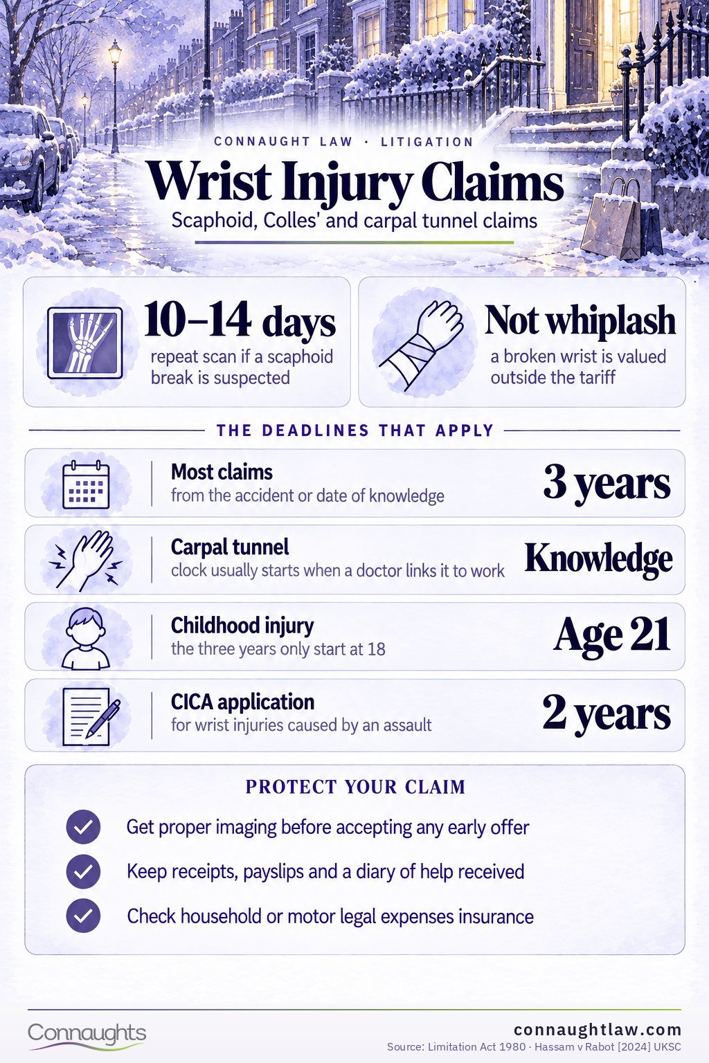 Wrist injury compensation UK infographic — Judicial College brackets from full recovery to complete loss of function, including scaphoid injuries (18th edition)